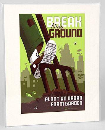 Break New Ground poster with foot and garden fork in garden