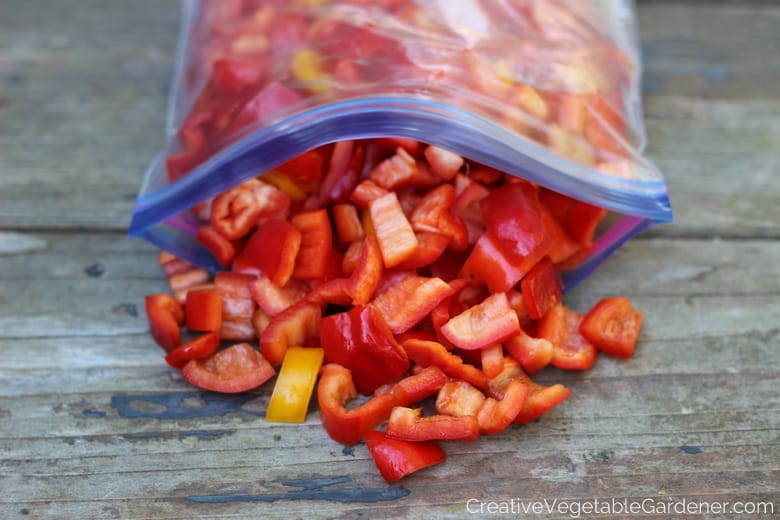 chopped red peppers ready for freezing