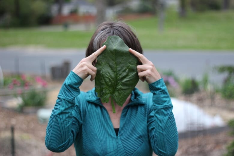woman holding spinach leaf