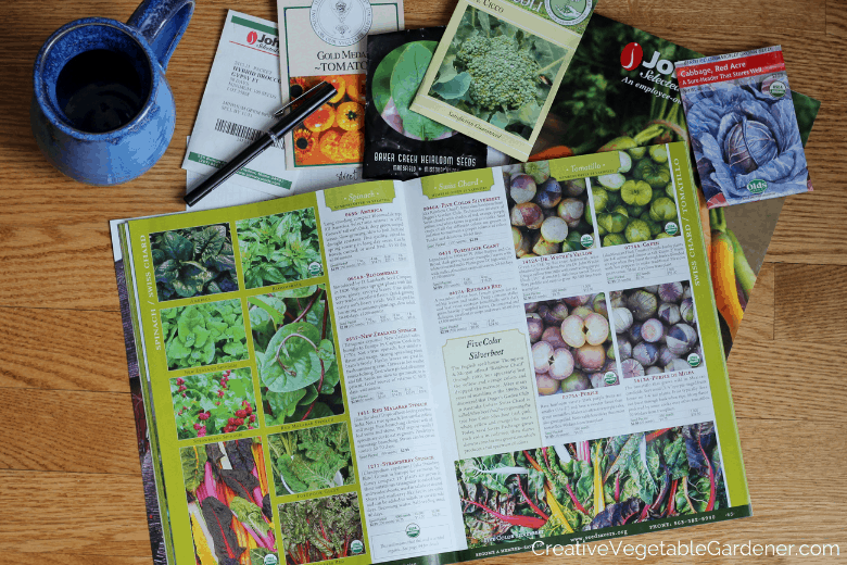 garden catalog spread out with seeds